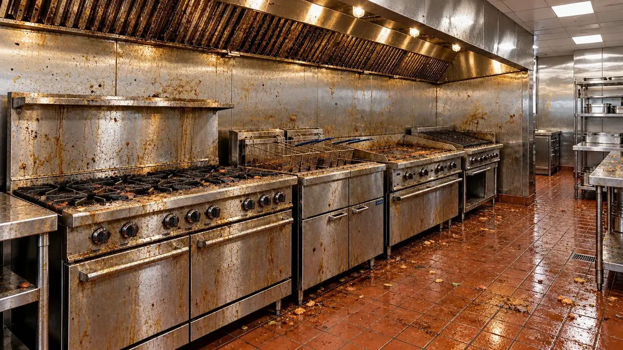 Restaurant cooking line, before: After-close degreasing of the line, hood filters, walls and floor.