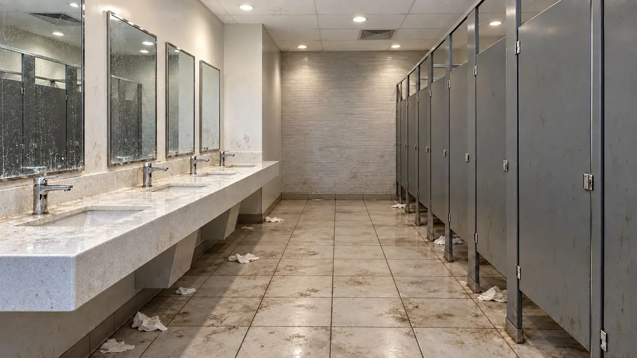 Commercial restroom, before: Deep clean: grout, fixtures, partitions and floor, disinfected.