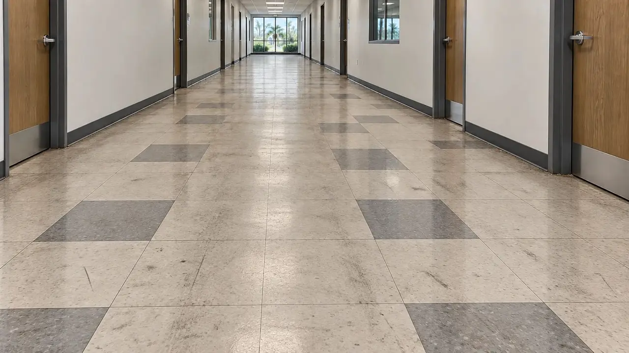 VCT floor, before: Strip and wax: old finish removed, new coats applied and burnished.