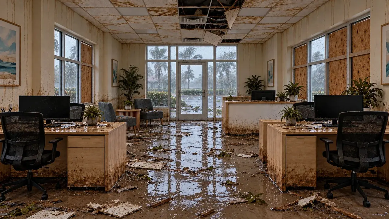 Ground-floor office, before: floodwater and mud on the floor, stained walls, fallen ceiling tiles